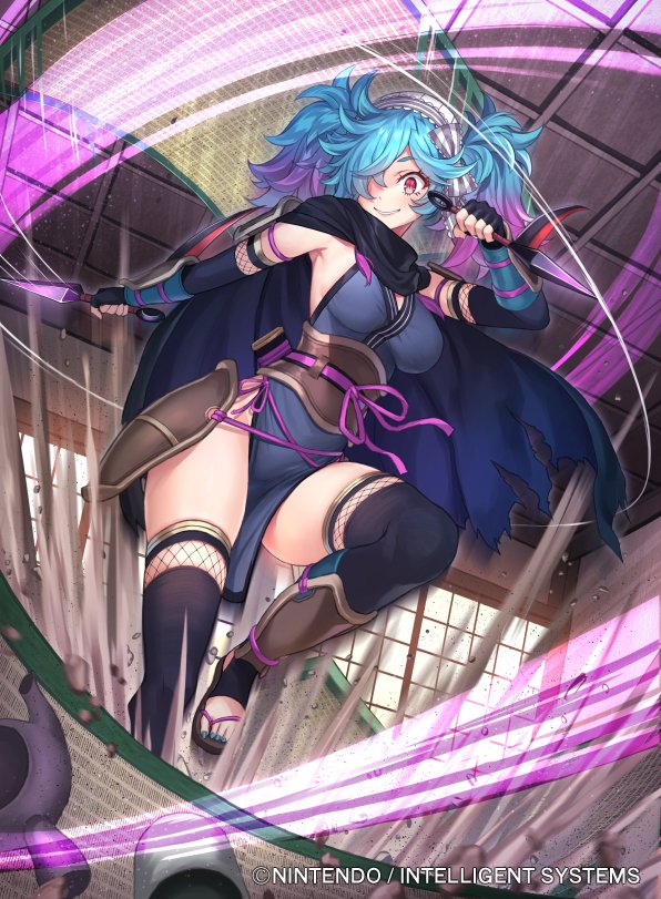 alternate_costume blue_hair cape fingerless_gloves fire_emblem fire_emblem_cipher fire_emblem_fates gloves hair_over_one_eye hairband kousei_horiguchi kunai long_hair multicolored_hair nail_polish ninja official_art peri_(fire_emblem) pink_eyes pink_hair sandals solo teeth thigh-highs twintails two-tone_hair weapon