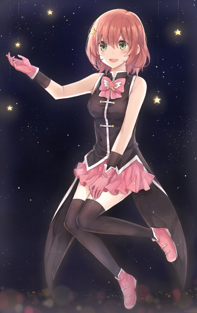 1girl :d annabel-m bare_shoulders black_legwear black_vest blush bow bowtie brown_hair commission floating gloves green_eyes hair_ornament layered_gloves open_mouth original pink_footwear pink_gloves pink_neckwear shoes short_hair smile solo star star_hair_ornament starry_background thigh-highs vest