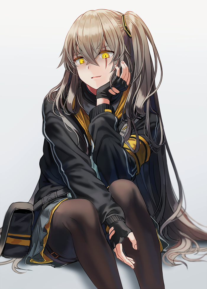 1girl bag black_gloves black_legwear brown_hair girls_frontline gloves hand_on_head jacket long_hair looking_at_viewer open_mouth pantyhose scar silence_girl sitting sitting_on_lap sitting_on_person skirt solo tagme ump45_(girls_frontline) white_background yellow_eyes