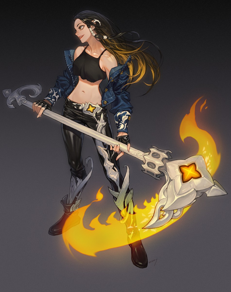 1girl black_hair blonde_hair boots breasts brown_eyes crop_top crop_top_overhang denim denim_jacket ear_clip earrings energy_weapon fingerless_gloves fire full_body gloves glowing gradient_hair grey_background hair_tubes highres holding holding_weapon jewelry long_hair morry multicolored_hair navel off-shoulder_jacket original scythe signature slender_waist solo two_side_up weapon