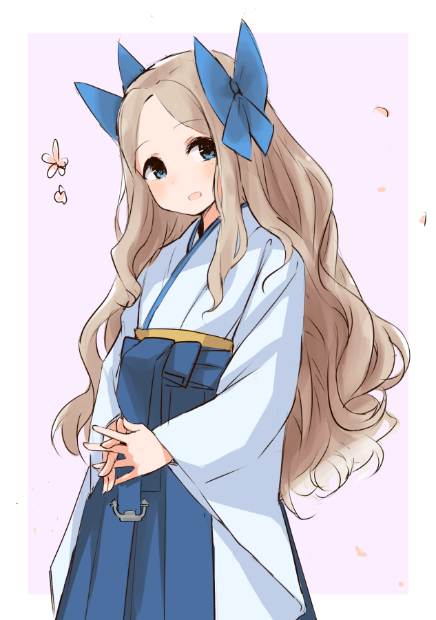1girl asakaze_(kantai_collection) bangs blue_bow blue_eyes blue_hakama blush bow eyebrows_visible_through_hair flower furisode hair_bow hakama interlocked_fingers inu_(inu2inu) japanese_clothes kantai_collection kimono light_brown_hair long_hair long_sleeves meiji_schoolgirl_uniform open_mouth parted_bangs simple_background solo wide_sleeves