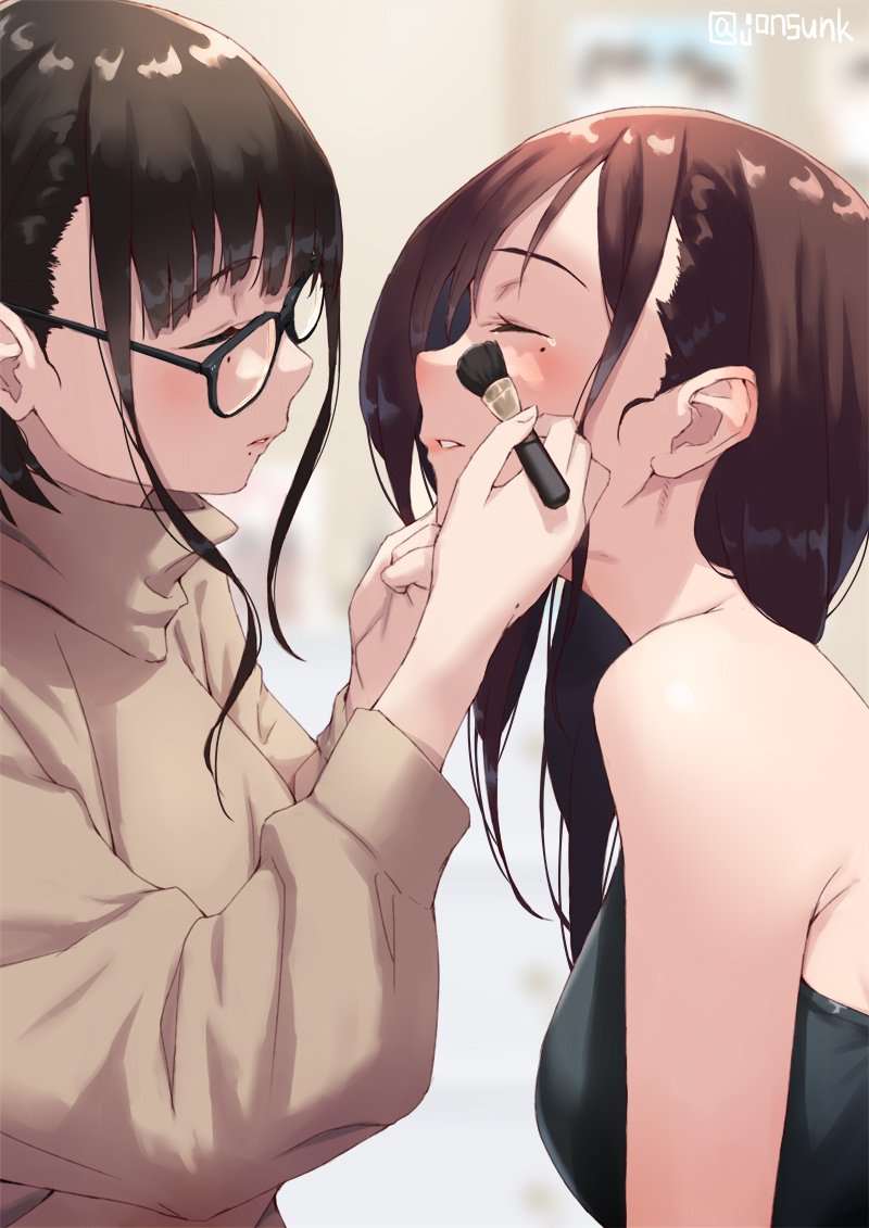 2girls bangs bare_shoulders black_hair black_swimsuit blush breasts brown_hair check_commentary closed_eyes commentary_request eyebrows_visible_through_hair from_side grey_sweater jonsun long_hair long_sleeves makeup_brush medium_breasts mole mole_under_eye mole_under_mouth multiple_girls one-piece_swimsuit original parted_lips sweater swimsuit tears turtleneck turtleneck_sweater upper_body