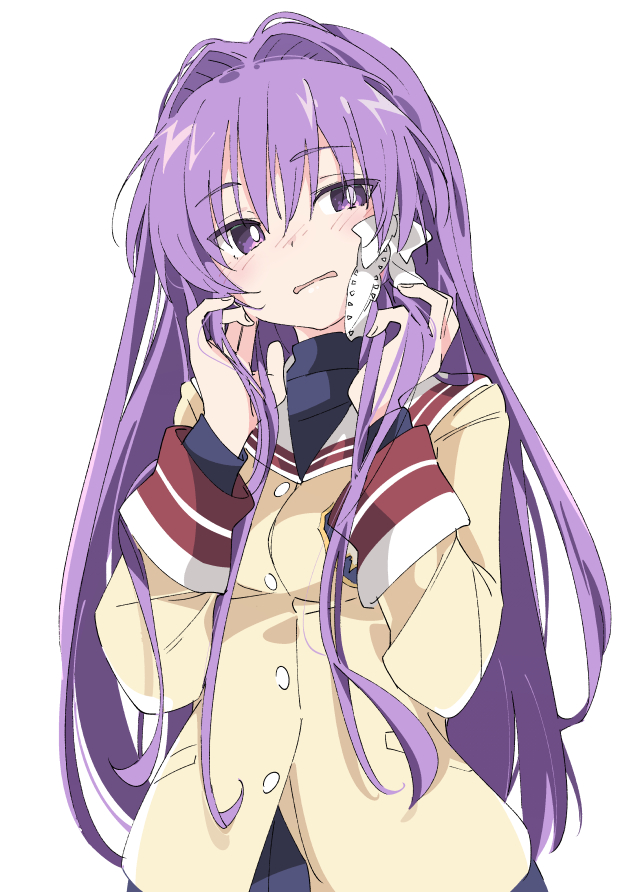 1girl clannad eyebrows_visible_through_hair eyes_visible_through_hair fujibayashi_kyou ixy long_hair long_sleeves purple_hair school_uniform simple_background solo violet_eyes white_background