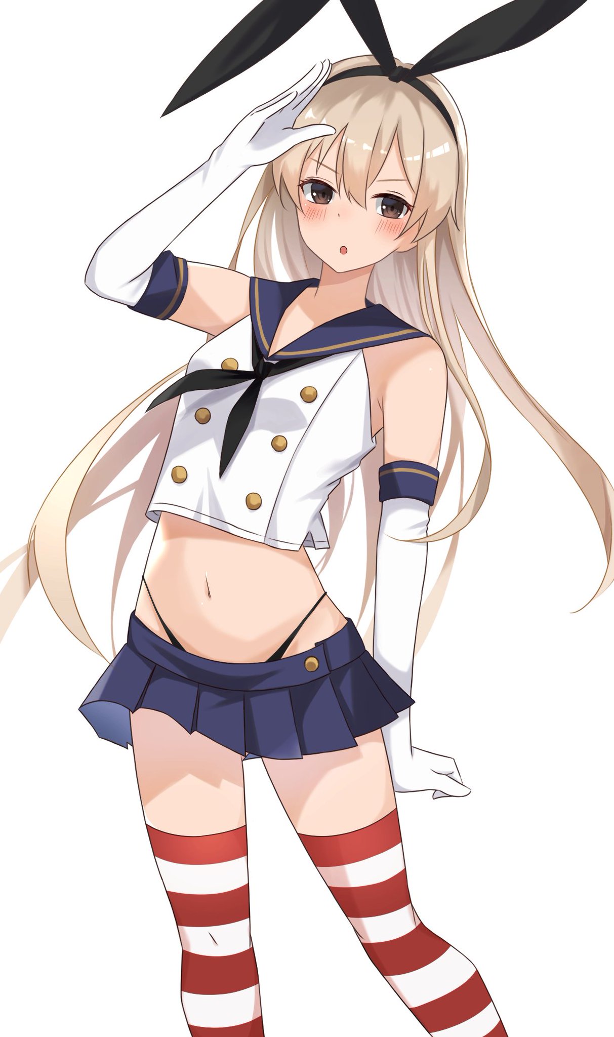 1girl anchor_hair_ornament black_hairband black_neckerchief black_panties blonde_hair blue_sailor_collar blue_skirt commentary_request cowboy_shot crop_top elbow_gloves gloves grey_eyes hachino_mugi hair_ornament hairband highleg highleg_panties highres kantai_collection long_hair microskirt miniskirt neckerchief panties pleated_skirt sailor_collar salute shimakaze_(kancolle) simple_background skirt solo standing striped striped_legwear thigh-highs underwear white_background white_gloves