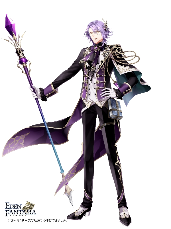 1boy book copyright_name eden_fantasia full_body gloves gold_trim hair_ornament hand_on_hip holding holding_staff long_sleeves looking_at_viewer male_focus official_art purple_hair ran_(artist) shoes solo staff standing thigh_strap watermark white_gloves