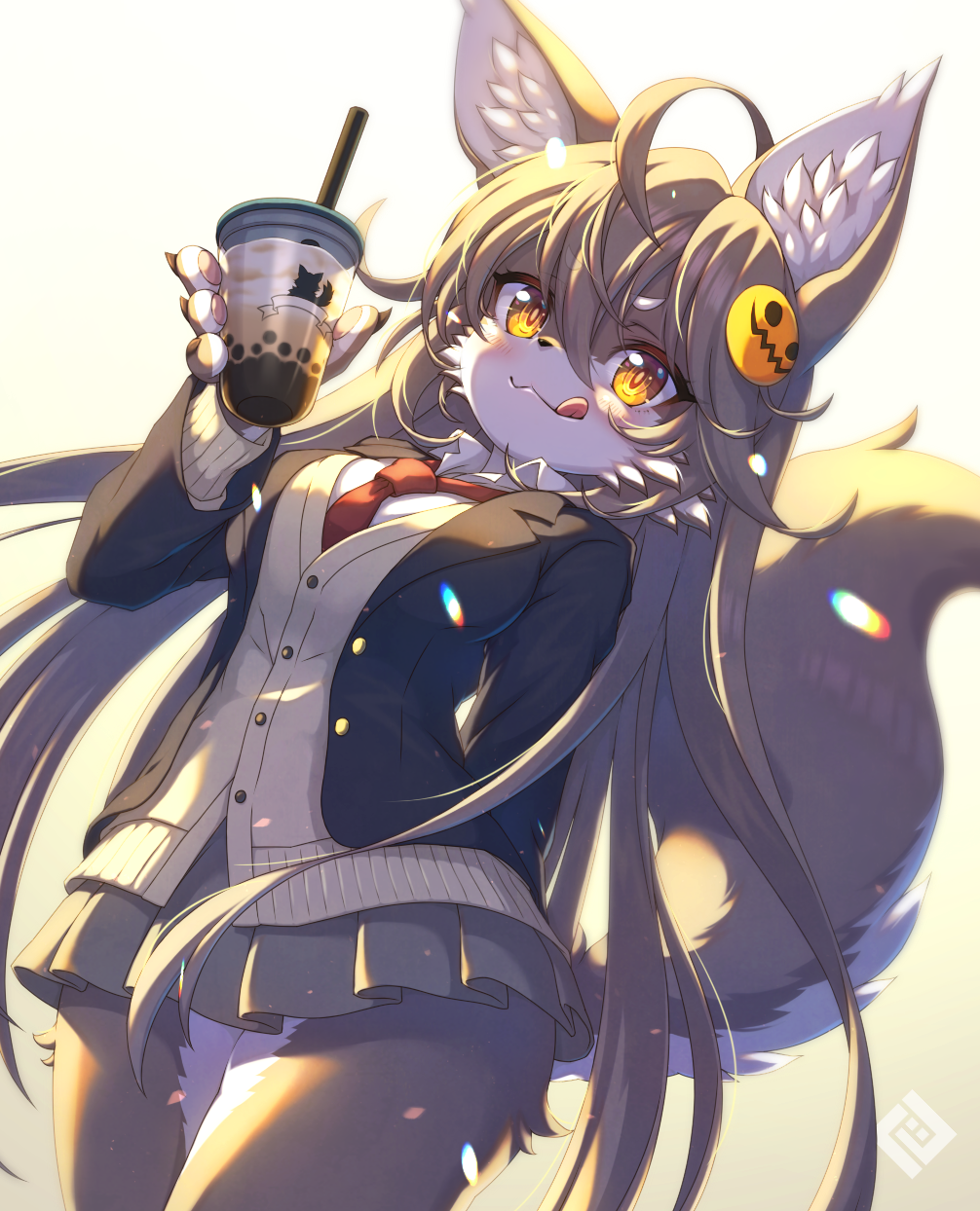 1girl ahoge animal_ears blazer blush bubble_tea cowboy_shot cup furry grey_fur grey_hair hair_ornament highres holding holding_cup jacket long_hair looking_at_viewer necktie original pawpads pleated_skirt red_neckwear school_uniform silver_hair skirt solo sweater_vest tail tongue tongue_out tsuji watermark wolf wolf_ears wolf_girl wolf_tail