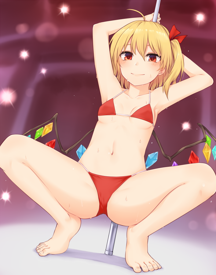 1girl ahoge armpits arms_up bangs bare_arms bare_legs bare_shoulders barefoot bikini blonde_hair blush breasts collarbone commentary_request crystal flandre_scarlet hair_between_eyes hair_ribbon lens_flare looking_at_viewer miyo_(ranthath) navel one_side_up pole pole_dancing red_bikini red_eyes red_ribbon ribbon short_hair small_breasts smile solo spread_legs squatting stomach swimsuit thighs touhou wings