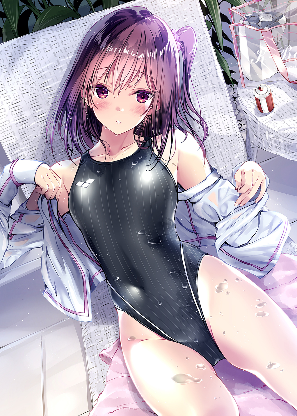 1girl ass_visible_through_thighs bangs black_swimsuit blush breasts can chair commentary_request competition_swimsuit covered_navel eyebrows_visible_through_hair groin hair_ornament hair_scrunchie highleg highleg_swimsuit highres jacket kobayashi_chisato large_breasts long_sleeves looking_at_viewer one-piece_swimsuit one_side_up original parted_lips plant purple_hair scrunchie short_hair side_ponytail simple_background sitting skindentation soda_can solo swimsuit swimsuit_under_clothes towel undressing violet_eyes water wet
