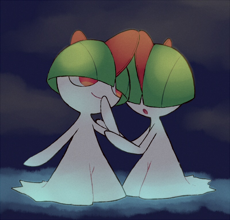 :o closed_mouth creature facing_another full_body gen_3_pokemon looking_at_another no_humans pokemon pokemon_(creature) ralts shiwo_(siwosi) smile standing