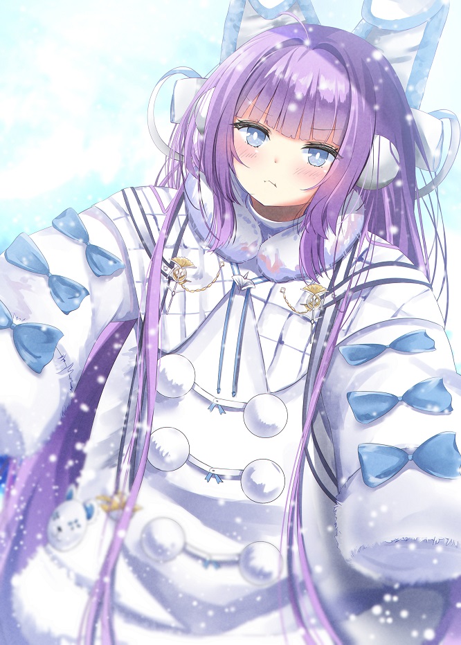 1girl animal_ears azur_lane blue_eyes blush coat eyebrows_visible_through_hair fake_animal_ears fur_trim hair_ornament hair_ribbon long_hair long_sleeves looking_at_viewer purple_hair ribbon snowing solo sweater tashkent_(azur_lane) u.b_m1s2s very_long_hair white_coat