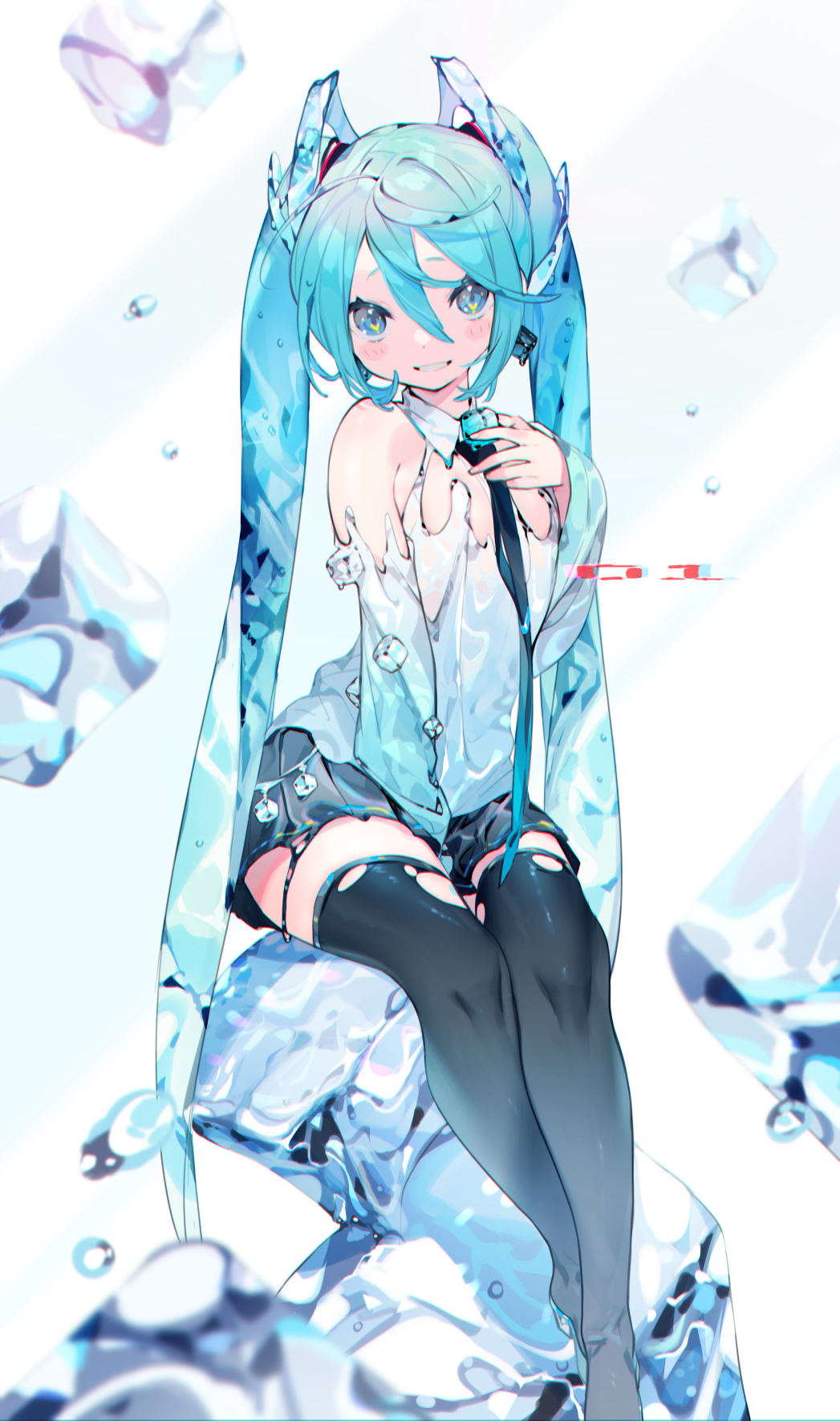 1girl black_footwear black_skirt blue_eyes blue_hair boots bukurote hair_between_eyes hand_on_own_chest hatsune_miku highres ice ice_cube long_hair looking_at_viewer necktie sitting skirt solo thigh-highs thigh_boots torn_boots twintails very_long_hair vocaloid