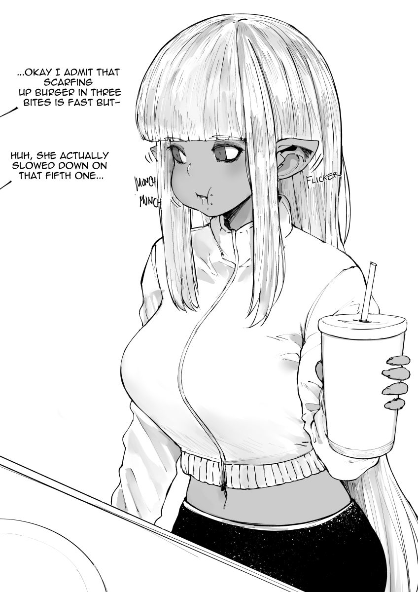 1girl :t bangs blunt_bangs breasts commission cropped_jacket cup dark_skin disposable_cup ear_twitch eating english_text greyscale highres hime_cut large_breasts long_hair midriff monochrome navel norman_maggot original pointy_ears sidelocks solo speech_bubble toned very_long_hair