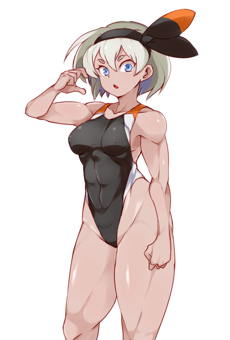 0721kin29n 1girl black_hairband blue_eyes breasts competition_swimsuit covered_navel covered_nipples cowboy_shot grey_hair hairband multicolored multicolored_clothes multicolored_swimsuit muscle muscular_female one-piece_swimsuit open_mouth pokemon pokemon_(game) pokemon_swsh saitou_(pokemon) small_breasts swimsuit