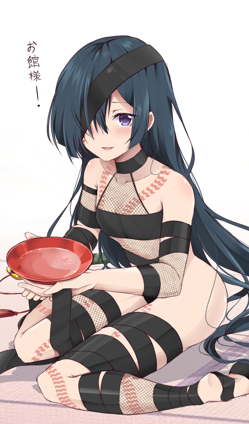 1girl alcohol bangs bare_shoulders black_hair black_ribbon blush breasts collarbone cup eyepatch fate/grand_order fate_(series) fishnets hair_over_one_eye highres legs long_hair looking_at_viewer mochizuki_chiyome_(fate/grand_order) open_mouth ribbon sakazuki sake simple_background sitting small_breasts smile snake_tattoo solo translation_request unlock-creed very_long_hair violet_eyes wariza white_background