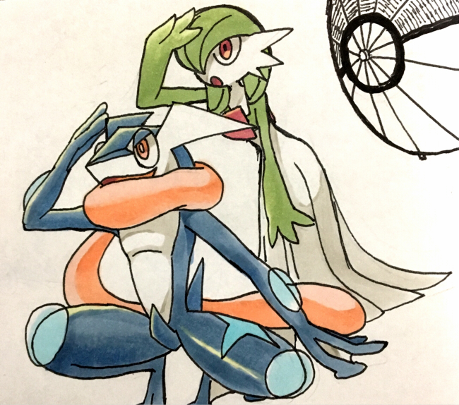 brown_eyes creature full_body gardevoir gen_3_pokemon gen_6_pokemon greninja leaning_forward no_humans pokemon pokemon_(creature) shiwo_(siwosi) simple_background standing white_background