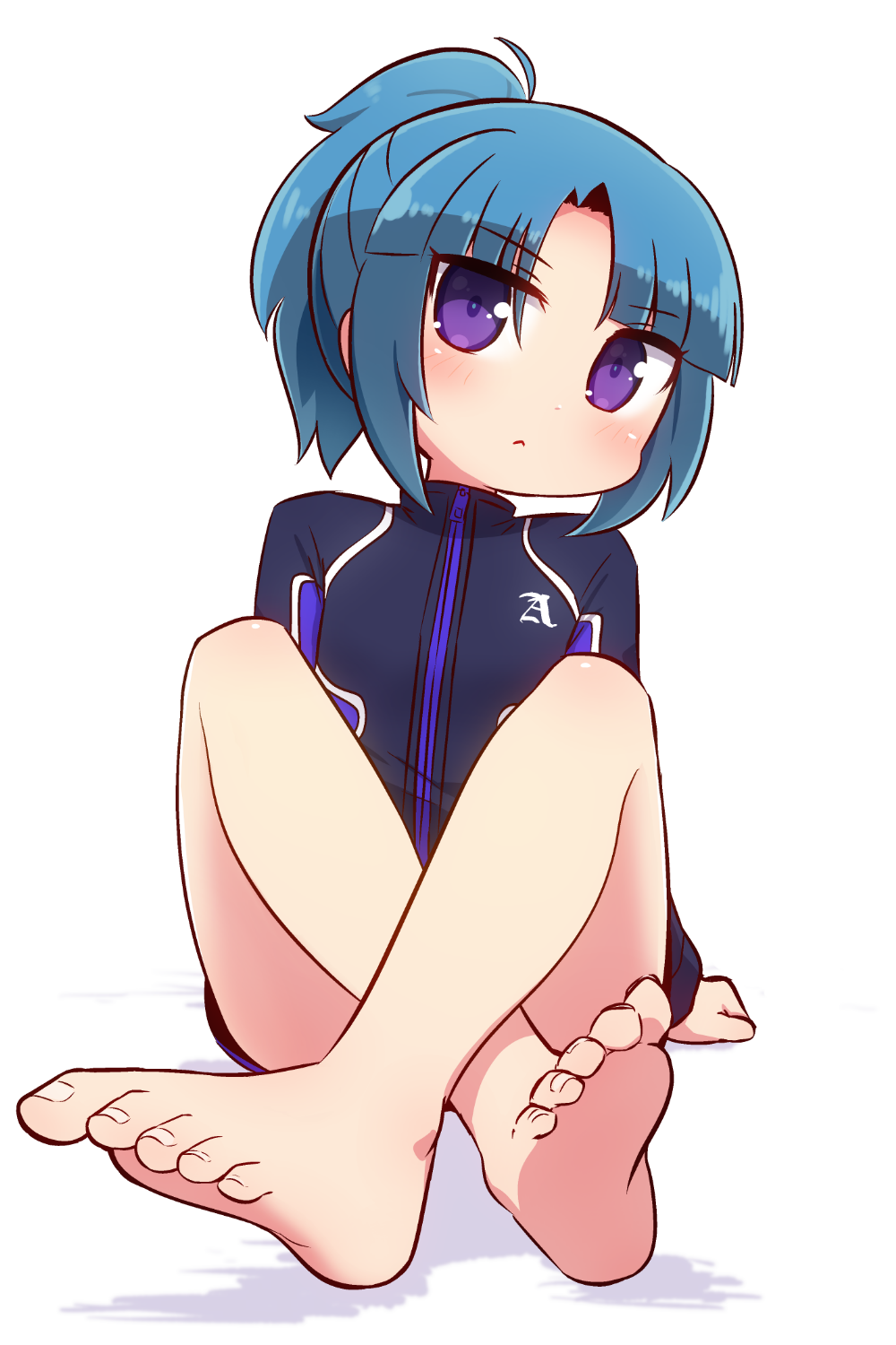 1girl :&lt; alice_gear_aegis bangs bare_legs barefoot black_jacket blue_hair blush closed_mouth commentary_request crossed_legs eyebrows_visible_through_hair feet full_body high_ponytail highres jacket legs long_sleeves naga_u parted_bangs ponytail shadow short_hair sitting sleeves_past_wrists soles solo takanashi_rei violet_eyes white_background