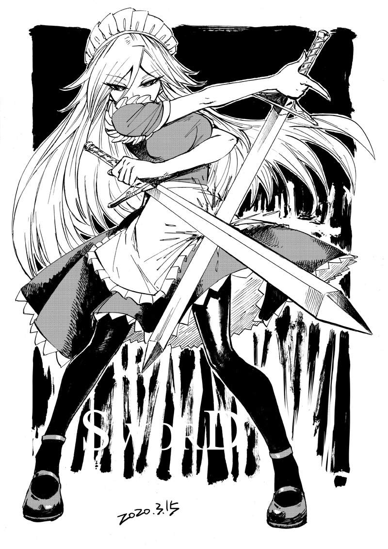 1girl apron black_legwear blackcat_(pixiv) covered_mouth dated dual_wielding english_text eyebrows_visible_through_hair greyscale hair_between_eyes holding long_hair looking_at_viewer maid maid_apron maid_headdress mary_janes monochrome puffy_short_sleeves puffy_sleeves shoes short_sleeves solo standing sword touhou touhou_(pc-98) v-shaped_eyebrows weapon yumeko