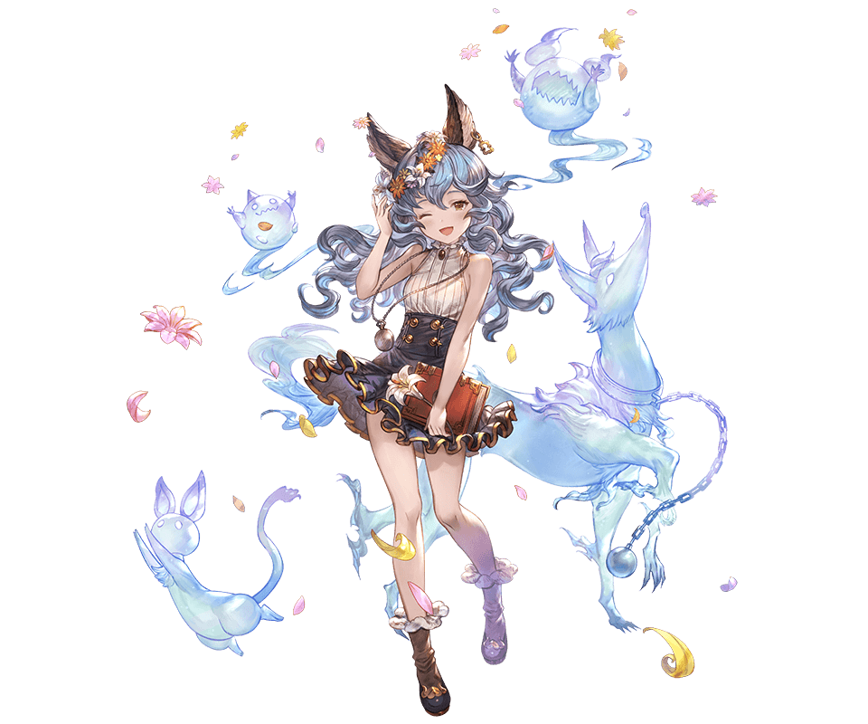 1girl ;d alpha_transparency animal_ears bangs black_skirt blue_hair blush book breasts brooch erune ferry_(granblue_fantasy) flower full_body ghost granblue_fantasy hair_flower hair_ornament head_wreath high-waist_skirt holding holding_book holding_flower jewelry long_hair looking_at_viewer minaba_hideo necklace official_art one_eye_closed open_mouth pocket_watch rabbit_ears shirt single_earring skirt sleeveless sleeveless_shirt small_breasts smile solo transparent_background watch wavy_hair white_shirt