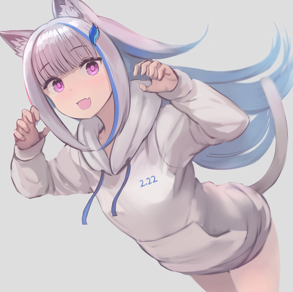 1girl alternate_costume animal_ears bangs blue_hair blunt_bangs breasts cat_day cat_ears cat_tail cowboy_shot enumiyan eyebrows_visible_through_hair fang grey_background hair_ornament hood hoodie lize_helesta long_hair looking_at_viewer medium_breasts multicolored_hair nijisanji open_mouth paw_pose pink_eyes silver_hair simple_background smile solo straight_hair sweater tail thighs two-tone_hair white_sweater