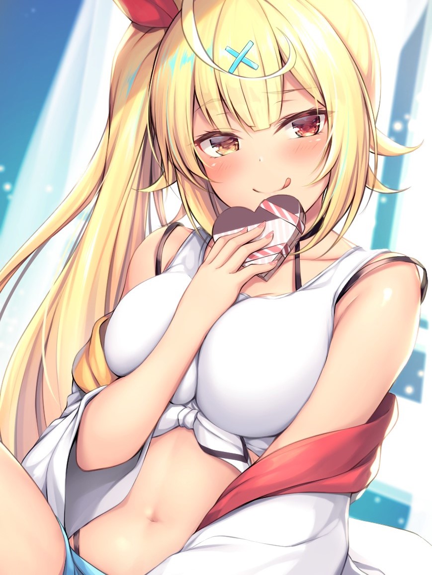 1girl :q ahoge bare_shoulders blonde_hair box breasts closed_mouth collarbone commentary_request crop_top front-tie_top hair_ornament hair_ribbon hand_up heart-shaped_box heterochromia holding hoshikawa_sara jacket large_breasts long_hair looking_at_viewer midriff mutsuba_fumi navel nijisanji off_shoulder open_clothes open_jacket orange_eyes red_eyes ribbon shirt side_ponytail sleeveless sleeveless_shirt smile solo stomach tongue tongue_out upper_body virtual_youtuber white_jacket white_shirt wide_sleeves x_hair_ornament