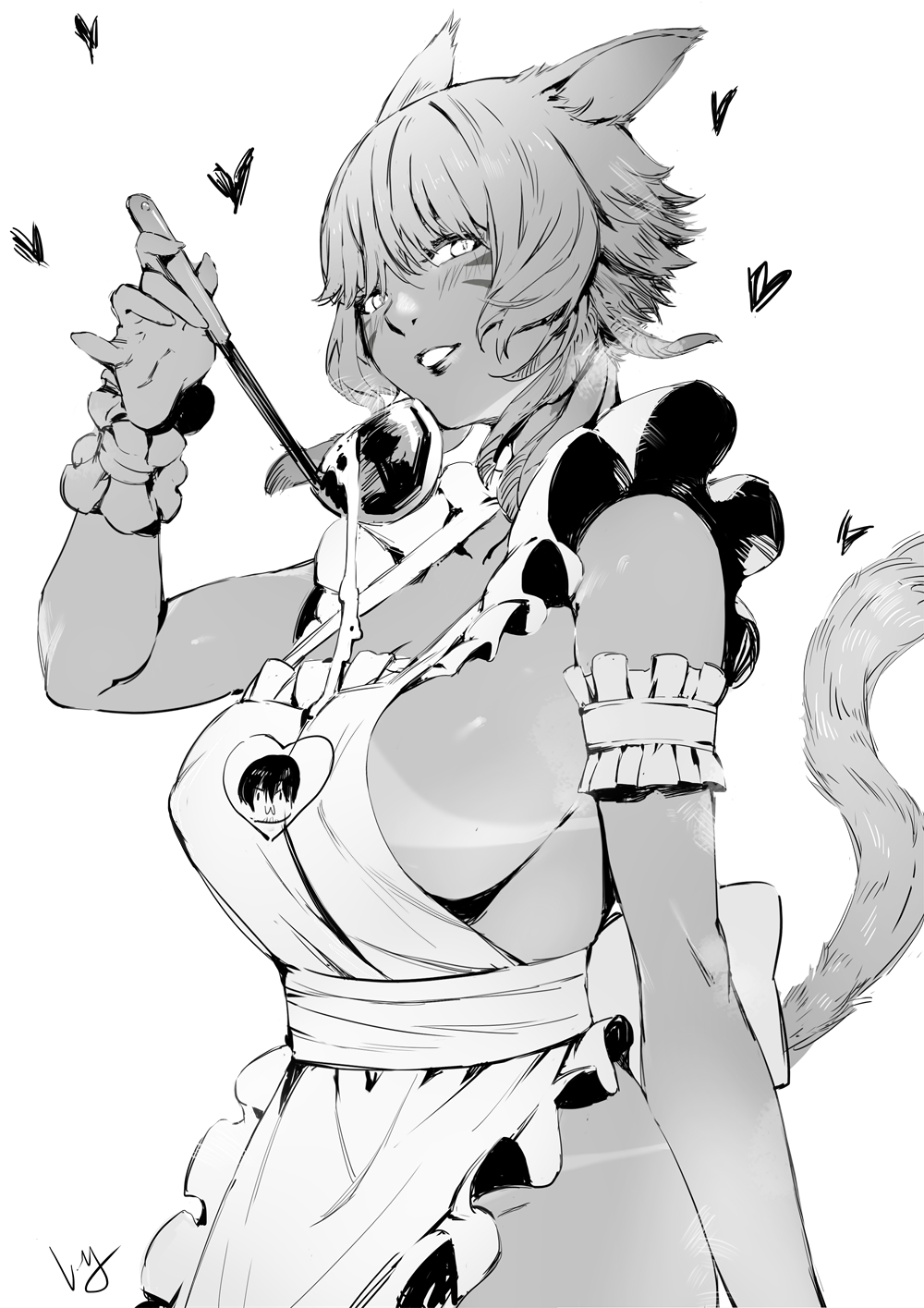 1girl animal_ears apron arm_garter blush breasts cat_ears cat_tail final_fantasy final_fantasy_xiv from_side greyscale hand_up heart highres holding ladle large_breasts looking_at_viewer looking_to_the_side miqo'te mole mole_on_breast monochrome naked_apron nanaya_(daaijianglin) parted_lips short_hair sideboob signature simple_background smile solo standing tail tan tanline whisker_markings white_background wristband y'shtola_rhul