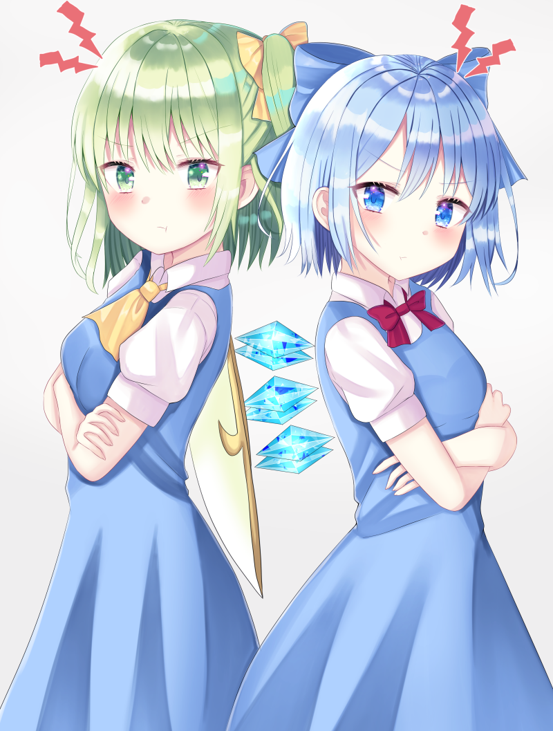 2girls :t annoyed back-to-back bangs blue_dress blue_eyes blue_hair blush bow bowtie cirno cowboy_shot cravat crossed_arms daiyousei dress eyebrows_visible_through_hair fairy_wings from_side green_eyes green_hair grey_background hair_ribbon head_tilt looking_at_viewer multiple_girls nibosisuzu one_side_up pinafore_dress pout puffy_short_sleeves puffy_sleeves red_neckwear ribbon shiny shiny_hair shirt short_hair short_sleeves simple_background standing touhou white_shirt wings yellow_neckwear