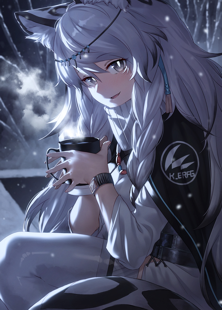 1girl animal_ear_fluff animal_ears arknights bangs bead_necklace beads black_cape blush braid breasts cape clothes_writing cup eyebrows_visible_through_hair grey_eyes grey_hair head_chain holding holding_cup ibuki_notsu jewelry leopard_ears leopard_tail long_hair mug multicolored_hair necklace open_mouth pramanix_(arknights) side_braids snow snowing solo steam tail thigh-highs turtleneck watch watch white_legwear