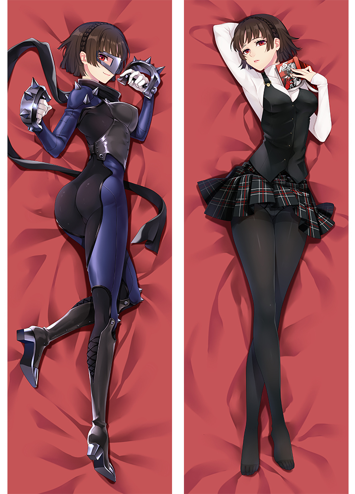 1girl akatsuki_(nicoseiga78826586) arm_behind_head arm_up ass biker_clothes black_legwear bodysuit book boots braid brown_hair closed_mouth crossed_legs crotch_seam crown_braid dakimakura full_body high_heel_boots high_heels long_sleeves looking_at_viewer lying mask miniskirt niijima_makoto on_back on_side outstretched_legs panties panties_under_pantyhose pantyhose parted_lips persona persona_5 red_eyes scarf see-through shirt short_hair shoulder_spikes shuujin_academy_uniform skirt smile solo spiked_knuckles spikes toes turtleneck twisted_torso underwear vest weapon