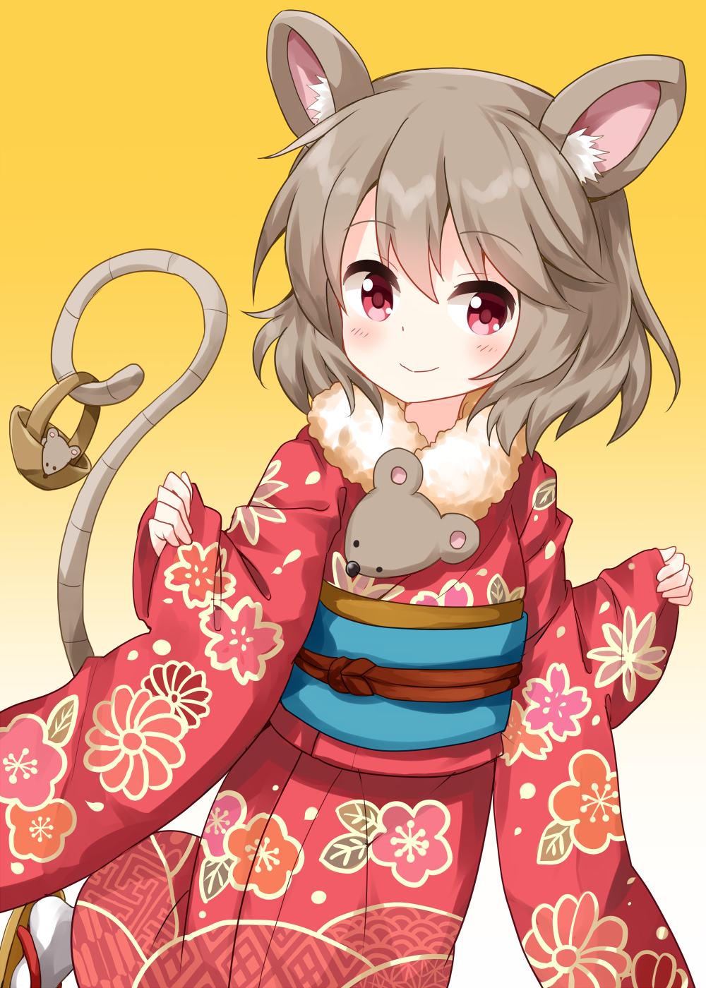 1girl animal_ear_fluff animal_ears basket eyebrows_visible_through_hair floral_print fur-trimmed_kimono fur_trim furisode gradient gradient_background grey_hair highres japanese_clothes kimono leaning_forward looking_at_viewer mouse mouse_ears mouse_tail nazrin obi red_eyes ruu_(tksymkw) sash sleeves_past_wrists smile solo tail touhou yellow_background