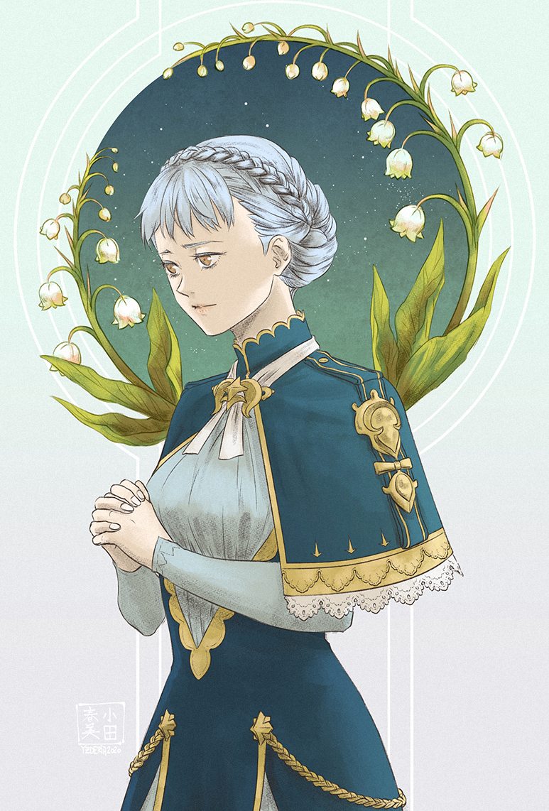 1girl artist_name bangs blue_background blue_dress braid brown_eyes capelet circle colored_eyelashes cowboy_shot crown_braid dress fire_emblem fire_emblem:_three_houses flower grey_background grey_hair hands_clasped lace_trim leaf lily_of_the_valley long_sleeves looking_away marianne_von_edmund orange_eyes own_hands_together pale_skin praying signature solo tied_hair yzderia