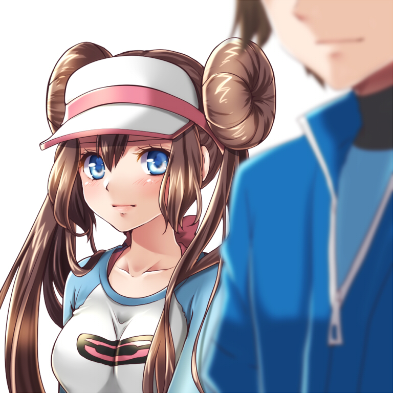 1boy 1girl blue_eyes blush breasts brown_hair closed_mouth double_bun lack-two_(pokemon) long_hair looking_at_viewer mokorei pokemon pokemon_special simple_background twintails whi-two_(pokemon) white_background