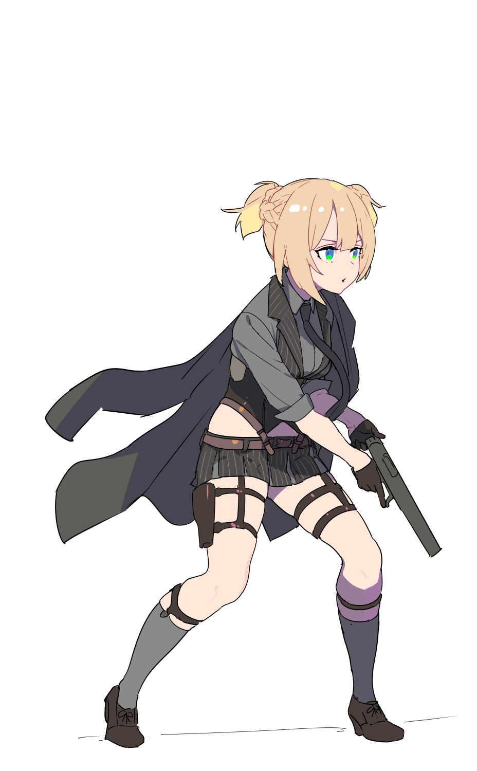 1girl black_neckwear black_skirt black_vest blonde_hair braid brown_footwear brown_gloves closed_mouth coat collared_shirt fighting_stance girls_frontline gloves green_eyes grey_coat grey_footwear grey_shirt gun half_gloves highres holding holding_gun holding_weapon holster jacket_on_shoulders leg_holster leg_strap legs_apart miniskirt nagisa_kurousagi necktie parted_lips pleated_skirt shirt shoes simple_background skindentation skirt socks solo standing tiptoes trigger_discipline two_side_up underbust vest weapon welrod_mk2 welrod_mk2_(girls_frontline) white_background white_legwear wing_collar