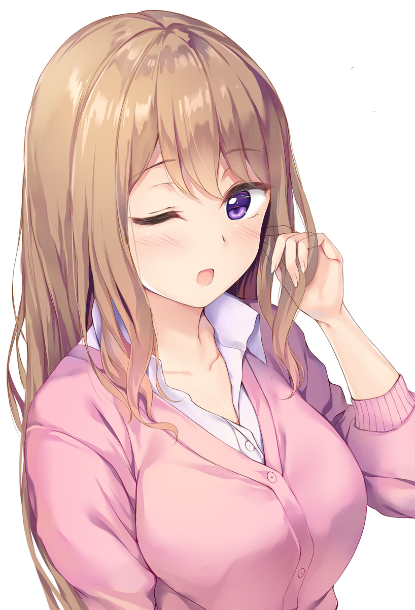 1girl blush breasts brown_hair collarbone collared_shirt d; dress_shirt highres long_hair one_eye_closed open_mouth original pasdar pink_cardigan school_uniform shirt simple_background sleeves_pushed_up solo upper_body violet_eyes white_background white_shirt