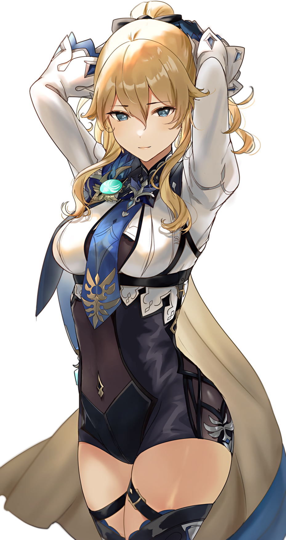 1girl arms_up bangs blonde_hair blue_cape blue_eyes blue_neckwear blush bodysuit bodysuit_under_clothes breasts cape closed_mouth commentary_request cosplay covered_navel cowboy_shot crop_top eula_(genshin_impact) eula_(genshin_impact)_(cosplay) eyebrows_visible_through_hair framed_breasts genshin_impact hair_between_eyes haru_(nakajou-28) highres jean_gunnhildr legs_together long_sleeves looking_at_viewer medium_breasts necktie see-through shiny shiny_hair shiny_skin sidelocks simple_background solo thigh-highs thigh_strap thighs tying_hair white_background wide_sleeves