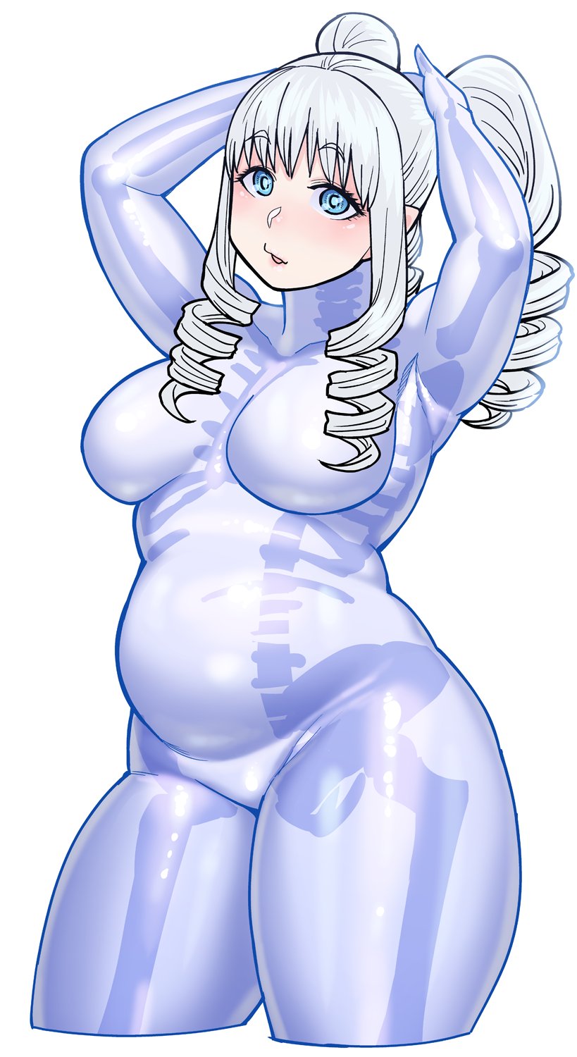 1girl arms_up belly blue_eyes bodysuit breasts commentary_request drill_hair elf-san_wa_yaserarenai. highres long_hair looking_at_viewer medium_breasts original parted_lips plump raised_eyebrows simple_background solo synecdoche thick_thighs thighs twintails white_background white_hair