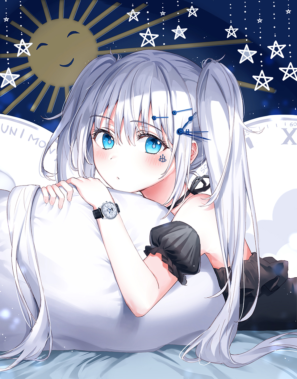 1girl bangs black_dress blue_eyes blush commentary_request dress eyebrows_visible_through_hair hair_ornament hairclip highres long_hair looking_at_viewer lying on_stomach original ran9u short_sleeves silver_hair solo star star_print sun_print two_side_up watch watch