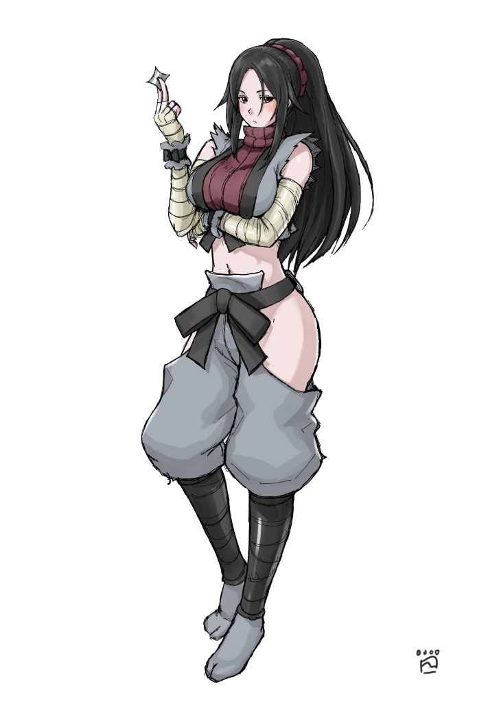 1girl alternate_costume arm_up bandaged_arm bandages black_eyes black_hair boots breasts commentary expressionless finalcake grey_legwear hair_between_eyes holding holding_weapon kai_schren large_breasts long_hair looking_at_viewer midriff navel ninja ponytail scrunchie senjou_no_valkyria senjou_no_valkyria_4 shuriken solo turtleneck weapon