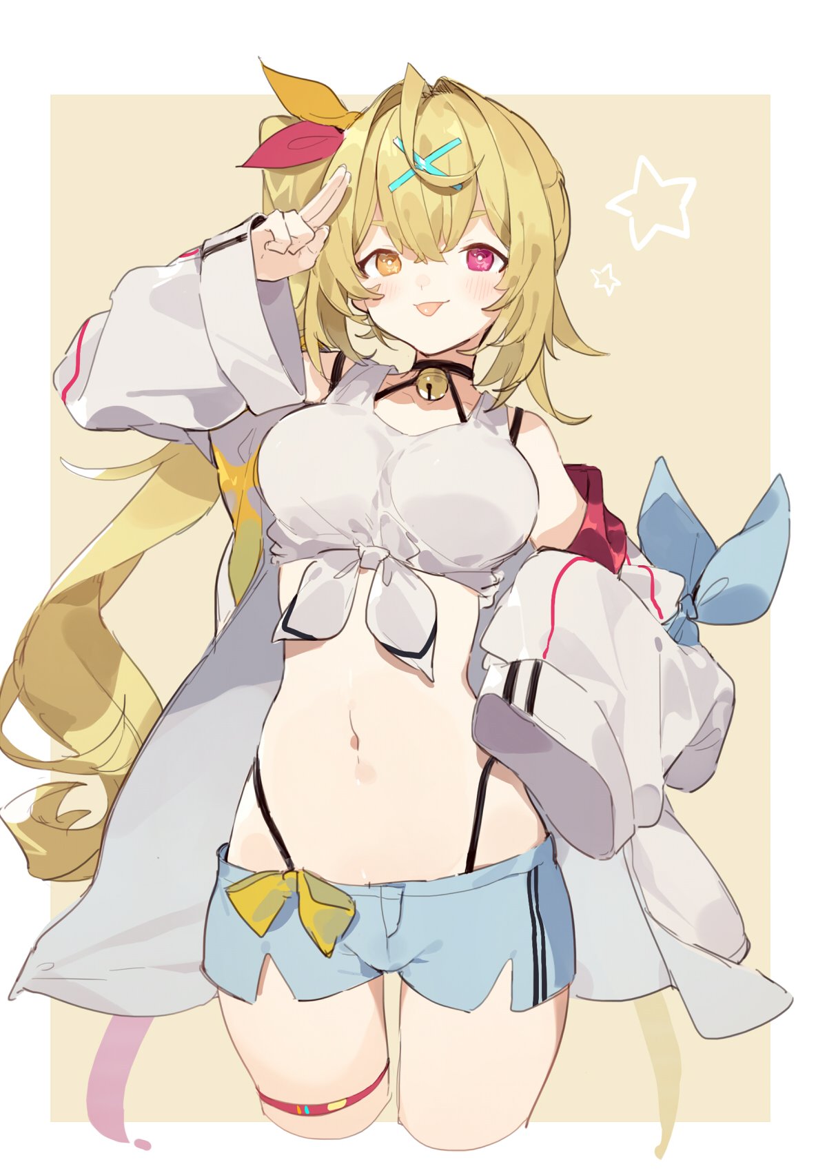 1girl bell bell_collar blonde_hair blue_shorts blush breasts collar commentary_request cowboy_shot cropped_legs hair_ornament hair_ribbon hairclip hand_up heterochromia highleg highleg_panties highres hoshikawa_sara jacket large_breasts long_hair long_sleeves looking_at_viewer midriff navel nijisanji off-shoulder_jacket panties panty_straps red_eyes red_ribbon ribbon salute sh_(562835932) shirt shorts side_ponytail sleeves_past_fingers sleeves_past_wrists smile solo star thigh_strap tied_shirt tongue tongue_out two-finger_salute underwear very_long_hair virtual_youtuber white_jacket white_tank_top wide_sleeves x_hair_ornament yellow_background yellow_eyes yellow_ribbon