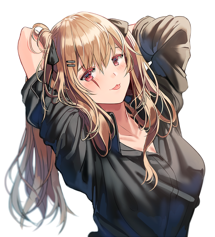 1girl :3 alternate_costume arms_behind_head arms_up bangs black_shirt blush breasts brown_hair girls_frontline hair_ornament hair_ribbon hairclip long_hair medium_breasts red_eyes ribbon scar scar_across_eye shirt silence_girl simple_background solo tongue twintails ump9_(girls_frontline) upper_body white_background