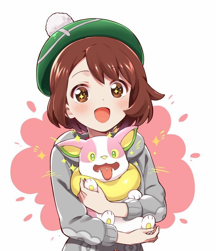 +_+ 1girl :d alternate_color blush brown_eyes brown_hair cardigan gen_8_pokemon green_headwear grey_cardigan hood hood_down hooded_cardigan hug long_sleeves looking_at_viewer mitsuki_meiya open_mouth pink_background pokemon pokemon_(creature) pokemon_(game) pokemon_swsh shiny_pokemon smile tam_o'_shanter two-tone_background upper_body white_background yamper yuuri_(pokemon)