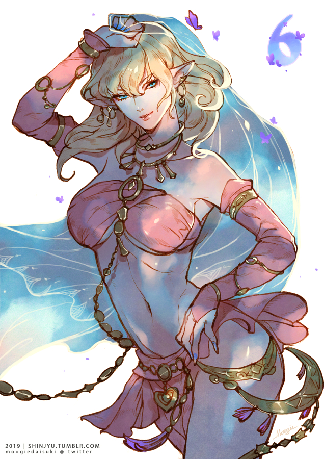 1girl bandeau bangs blonde_hair blue_eyes breasts cowboy_shot dancer_(final_fantasy) detached_sleeves earrings elezen elf final_fantasy final_fantasy_xiv jewelry large_breasts long_hair looking_at_viewer navel necklace pelvic_curtain pointy_ears preyanan_suwanpramote signature solo watermark web_address white_background