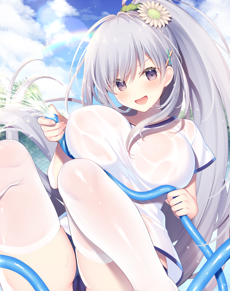 1girl :d ass blue_buruma breasts buruma clouds commentary_request day flower grey_hair gym_uniform hair_flower hair_ornament holding hose large_breasts lens_flare long_hair looking_at_viewer miko_92 open_mouth original outdoors ponytail rainbow see-through shirt short_sleeves skindentation sky smile solo thigh-highs v-shaped_eyebrows very_long_hair violet_eyes water wet wet_clothes wet_shirt white_legwear white_shirt x_hair_ornament