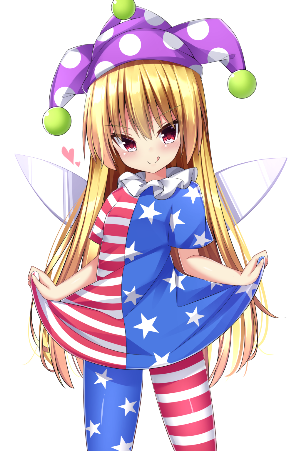 1girl :q american_flag_dress american_flag_legwear blonde_hair blush clownpiece commentary_request fairy_wings hat heart highres jester_cap kuraaken licking_lips long_hair looking_at_viewer neck_ruff pantyhose purple_headwear red_eyes short_sleeves simple_background skirt_hold solo striped striped_legwear tongue tongue_out touhou white_background wings