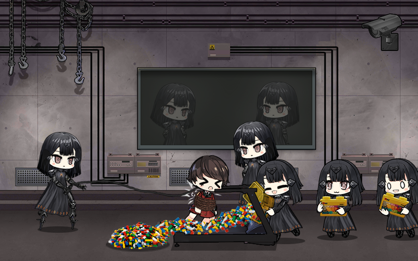 &gt;_&lt; 1boy 6+girls black_hair chibi commander_(girls_frontline) girls_frontline interrogation lego lego_brick multiple_girls nyto_larvae_(girls_frontline) nyto_mercurows_(girls_frontline) o_o smile the_mad_mimic torture treadmill whip whipping window