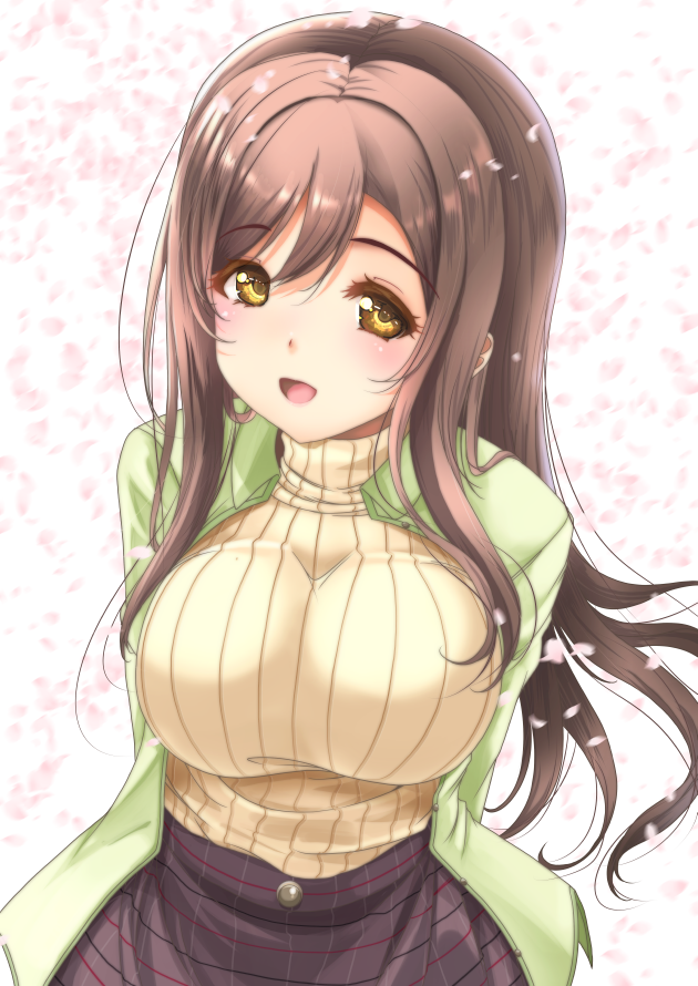1girl :d =d arms_behind_back bangs blush breasts brown_hair cherry_blossoms floral_background frapowa green_jacket hair_between_eyes jacket kunikida_hanamaru large_breasts long_hair looking_at_viewer love_live! love_live!_sunshine!! open_clothes open_jacket open_mouth petals plaid plaid_skirt purple_skirt ribbed_shirt shirt sidelocks skirt smile solo turtleneck turtleneck_sweater upper_body yellow_eyes yellow_shirt