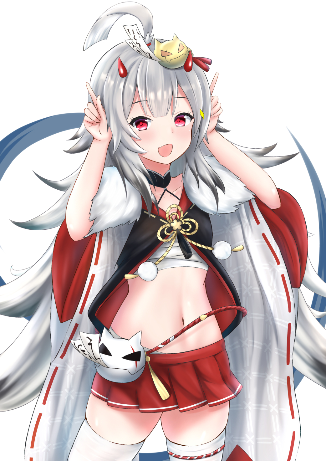 1girl ahoge azur_lane blush fur_trim hair_ornament hibiki_(azur_lane) highres horns japanese_clothes long_hair long_sleeves looking_at_viewer navel oni_horns open_mouth pleated_skirt red_eyes red_skirt sarashi silver_hair skirt smile solakaki solo thigh-highs white_legwear