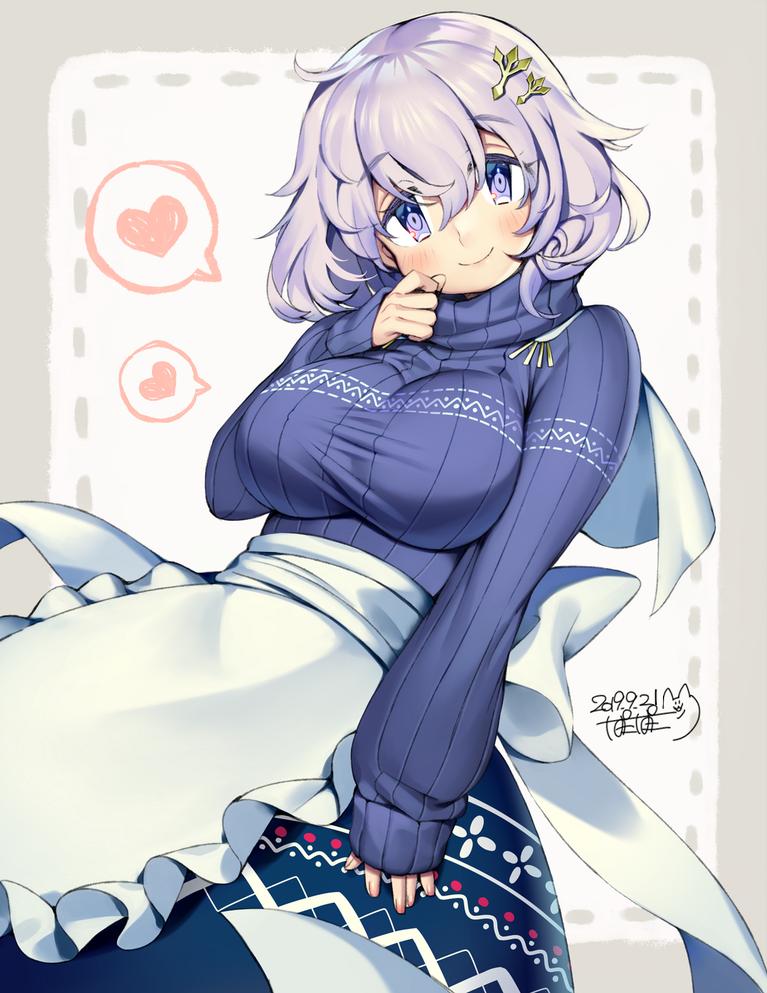 1girl apron blue_eyes blue_sweater blush breasts closed_mouth commission dated eyebrows_visible_through_hair hair_ornament heart iroyopon large_breasts letty_whiterock long_sleeves looking_at_viewer ribbed_sweater short_hair signature silver_hair sleeves_past_wrists smile solo speech_bubble spoken_heart sweater touhou turtleneck turtleneck_sweater wavy_hair white_apron