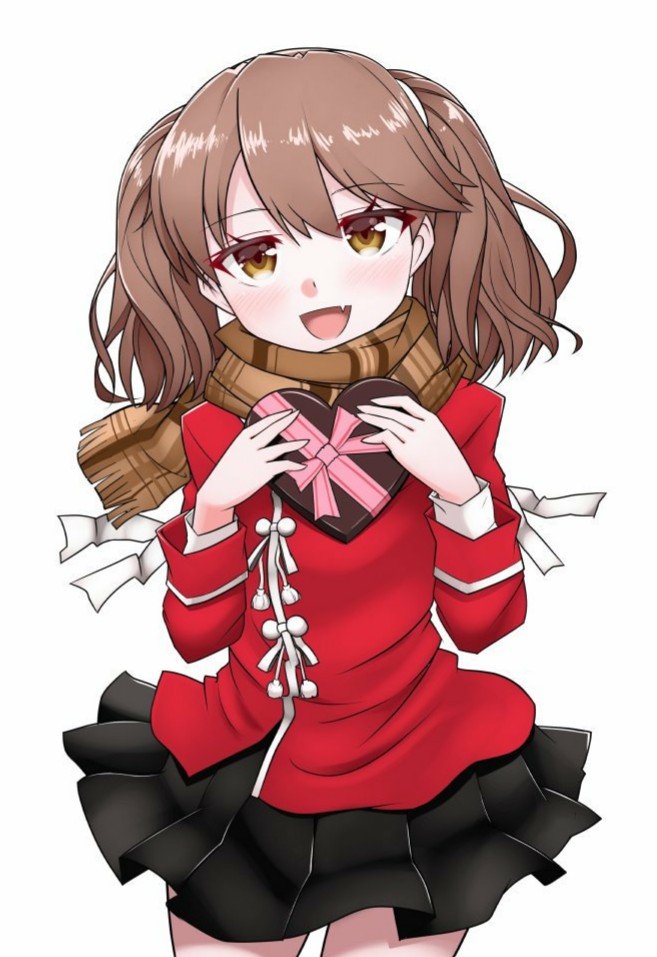 1girl brown_eyes brown_hair candy chocolate chocolate_heart cowboy_shot fang food heart japanese_clothes kantai_collection kariginu kirigakure_(kirigakure_tantei_jimusho) open_mouth plaid plaid_scarf pleated_skirt ryuujou_(kantai_collection) scarf skirt smile solo twintails white_background