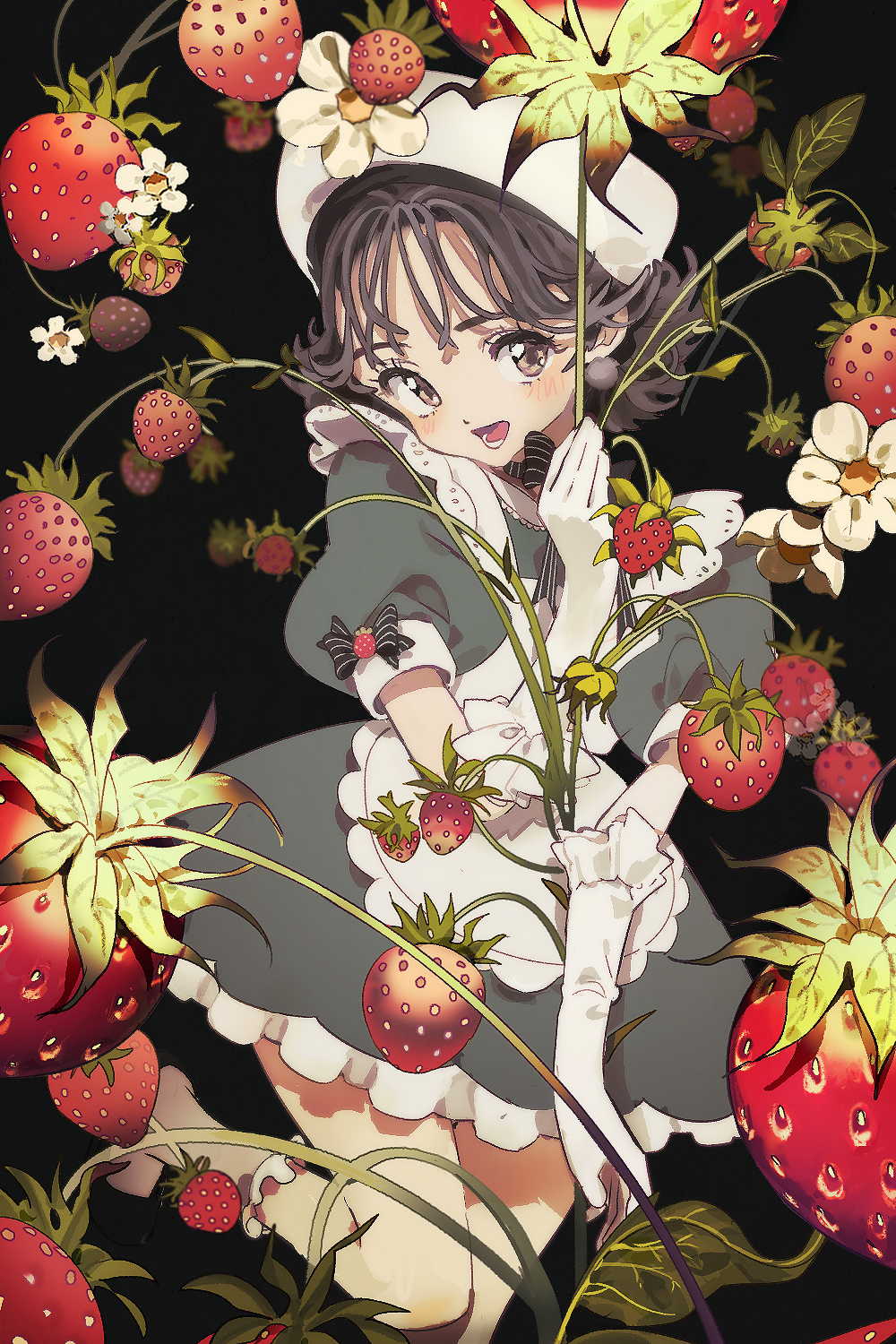 1girl apron bare_legs black_background blue_dress blush brown_hair dress flower food frilled_gloves frills fruit gloves highres holding inhye leaf maid maid_apron medium_hair open_mouth original plant puffy_short_sleeves puffy_sleeves short_sleeves smile solo strawberry white_flower white_gloves white_headwear
