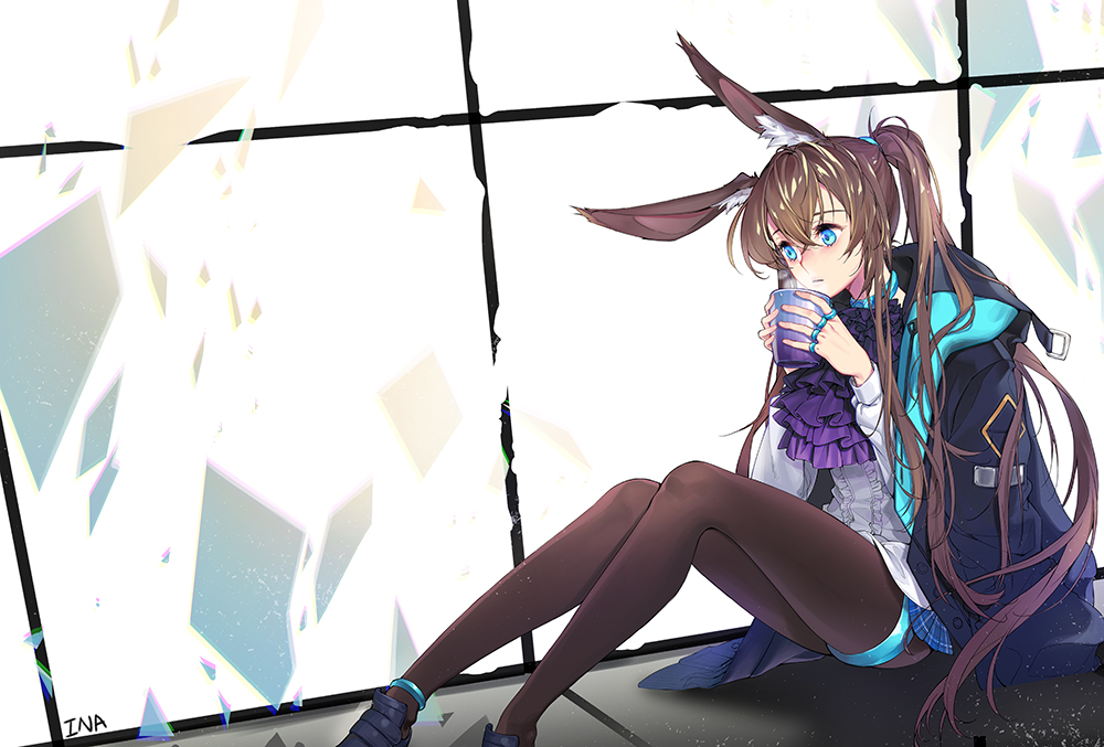 1girl amiya_(arknights) animal_ear_fluff animal_ears anklet arknights artist_name bangs black_jacket black_legwear blue_eyes brown_hair commentary_request cup feet_out_of_frame hair_between_eyes holding holding_cup indoors jacket jacket_on_shoulders jewelry long_hair long_sleeves messy_hair neck_ring pantyhose partial_commentary ponytail purple_neckwear rabbit_ears ring shadow shirt sitting solo very_long_hair white_shirt xxinainaxx